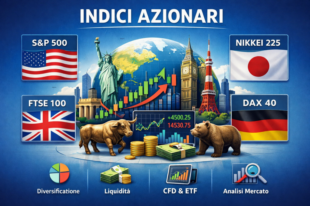 Infografica sugli indici azionari globali con S&P 500, Nikkei 225, FTSE 100 e DAX 40, grafici di trading, toro e orso simbolo dei mercati e concetti di diversificazione, liquidità e analisi finanziaria.